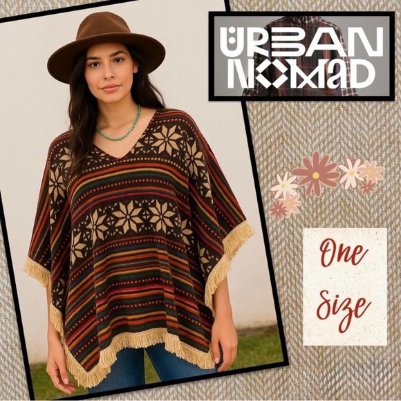 Urban Nomad Earthbound Trading Co. Knit Poncho Top Brown Fair Isle Fringe OS - Picture 1 of 4